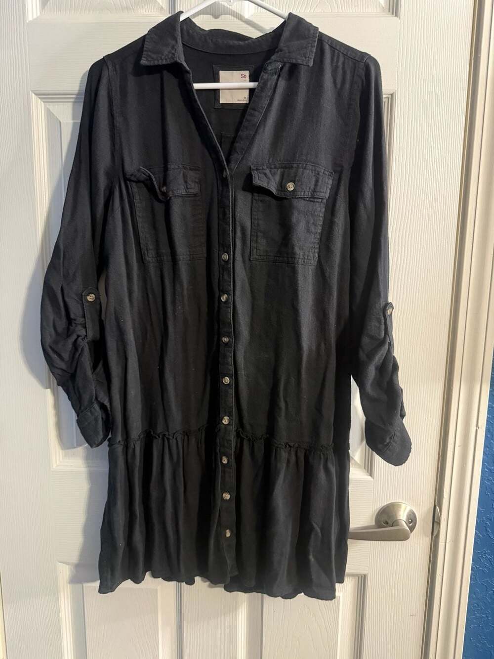 So Black Button Down Ruffle Hem Shirt Dress Size M
